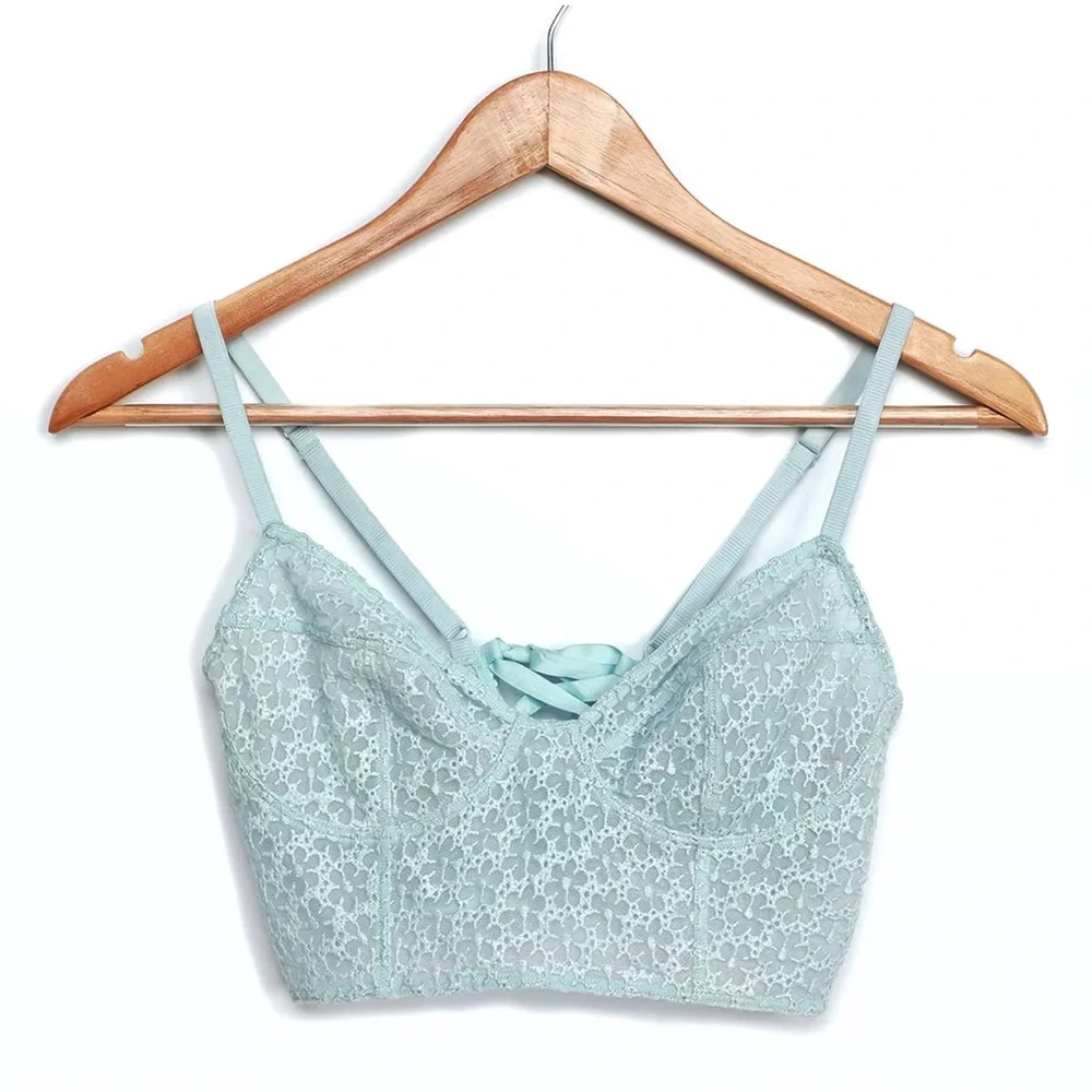 Free People Women's Floral-Embroidery Lace Long Line Bra Light Blue Size Large